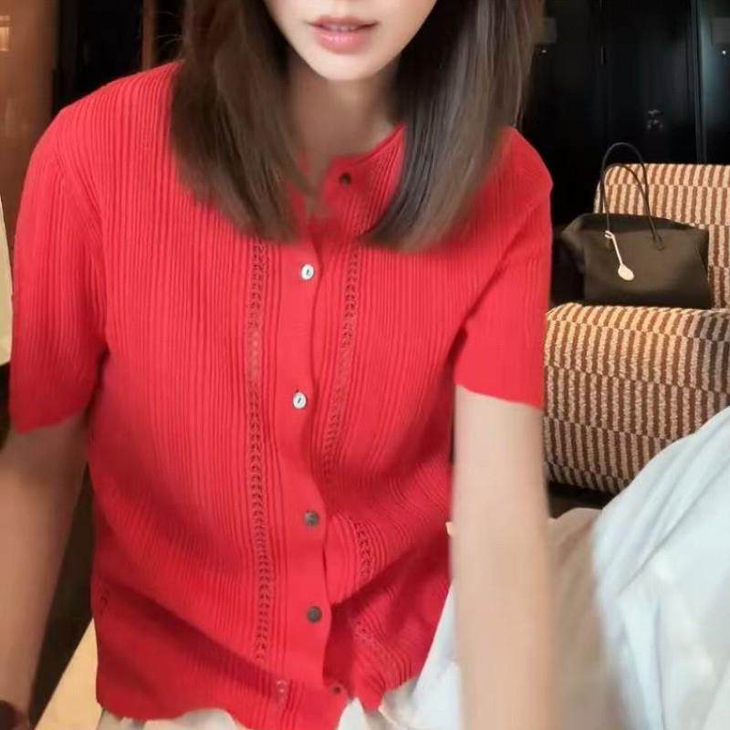 女装短袖T恤女夏装红色针织衫2026新款薄款显瘦洋派妈妈上