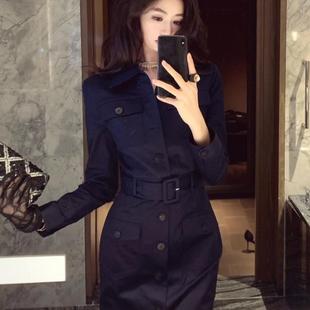 法式气质轻奢高级感巨好看大方得体收腰藏蓝色工装衬衫连衣裙女秋
