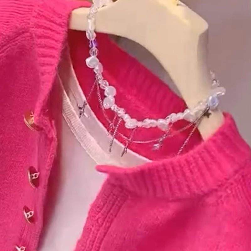 玫红色短款毛衣开衫外套女秋冬2025休闲洋派百搭单排扣针织衫上衣