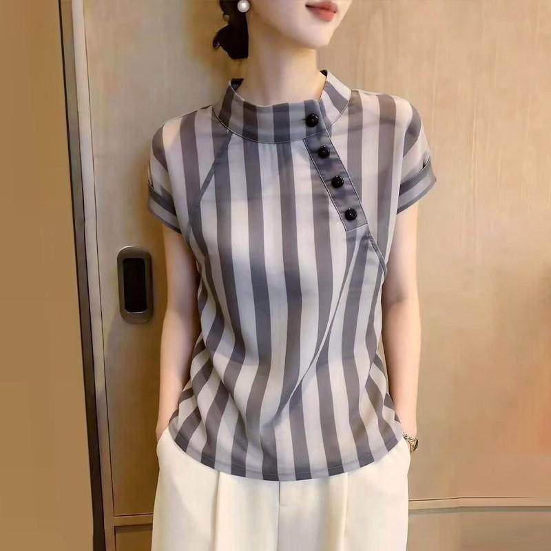 灰色条纹短袖衬衫女2026国风洋派减龄显瘦设计感立领衬衫上衣