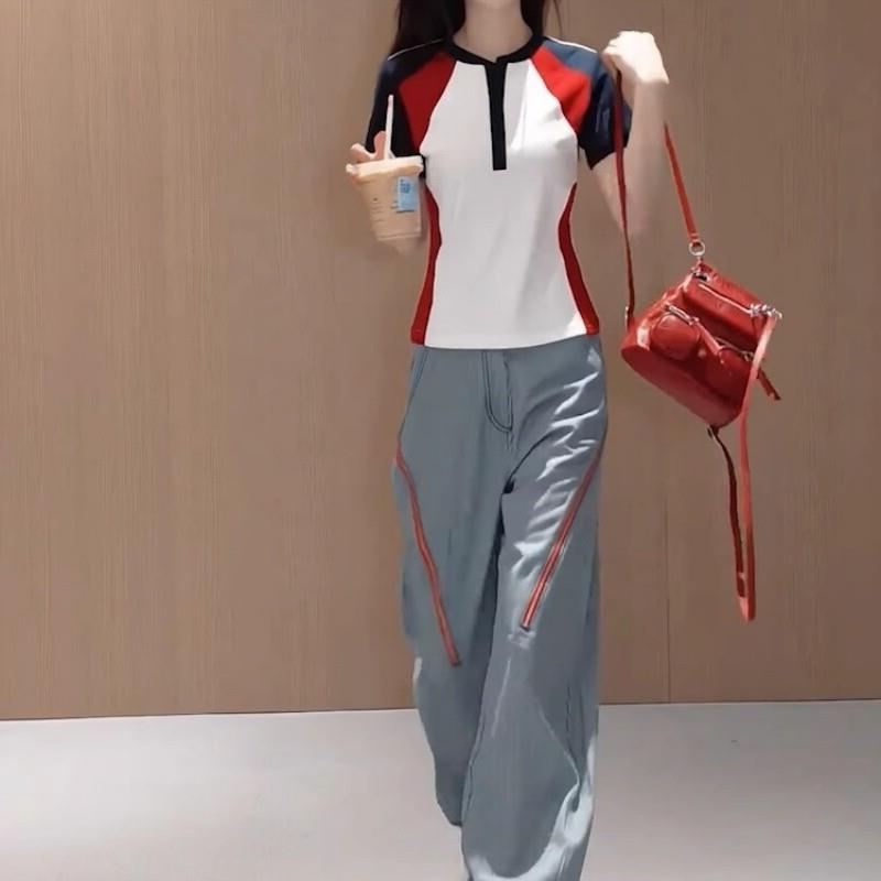 2025今年夏季新款休闲百搭蓝色窄版阔腿裤套装显瘦宽松短袖两件套