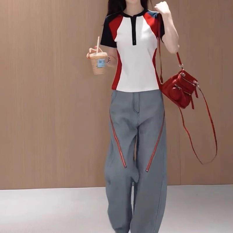 韩系休闲运动套装女夏季显瘦时尚减龄拼色短袖裤子两件套薄款洋派