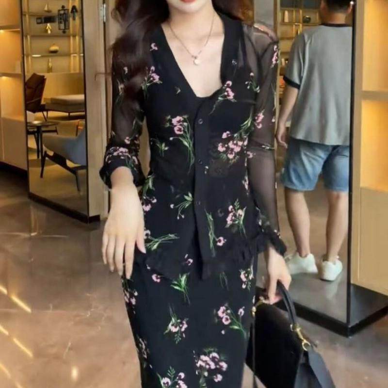 2025大尺码女装夏日度假穿搭套装韩系碎花胖mm显瘦防晒开衫半身裙