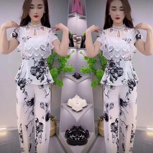韩版时尚显瘦精致减龄两件套潮女夏季新款蕾丝镂空拼接洋派套装女