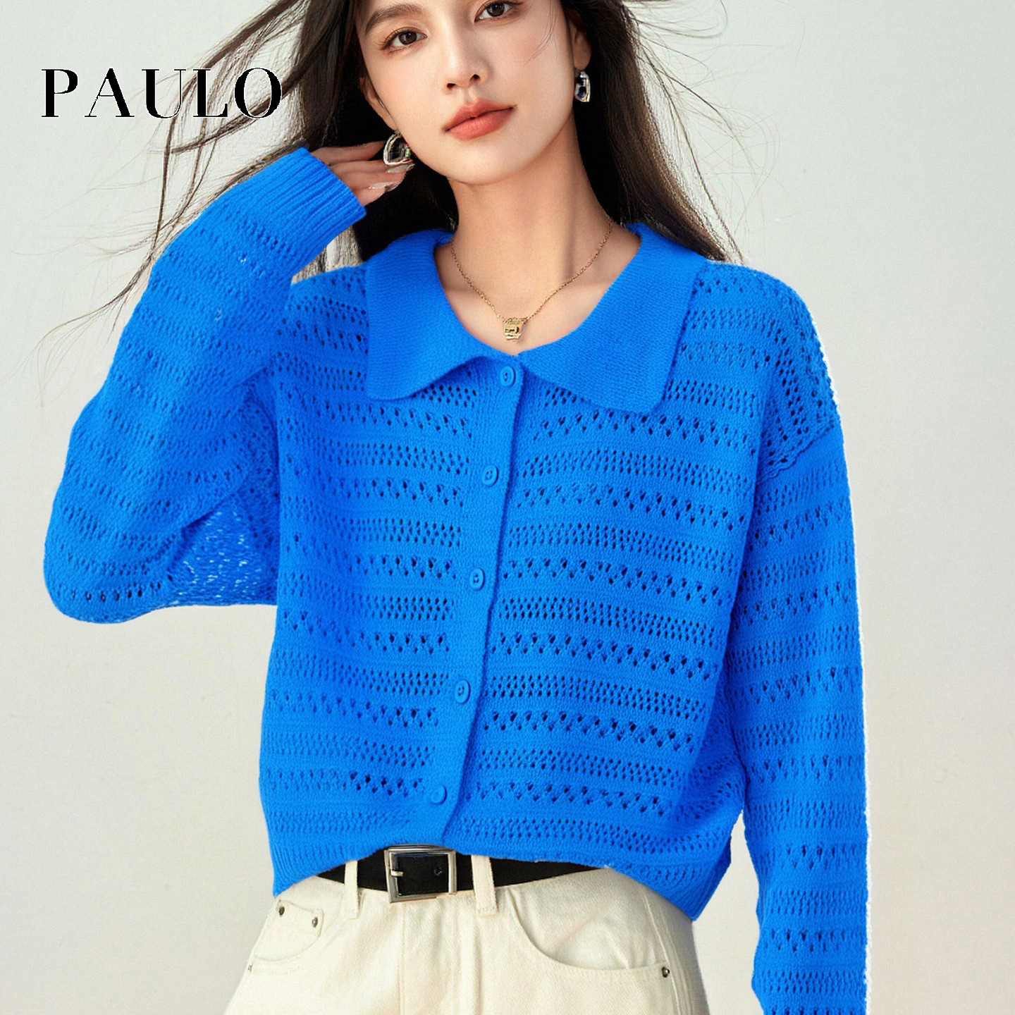 SRAVE PAULO 拉夫保罗镂空钩花长袖针织开衫女秋季慵懒风显瘦毛衣