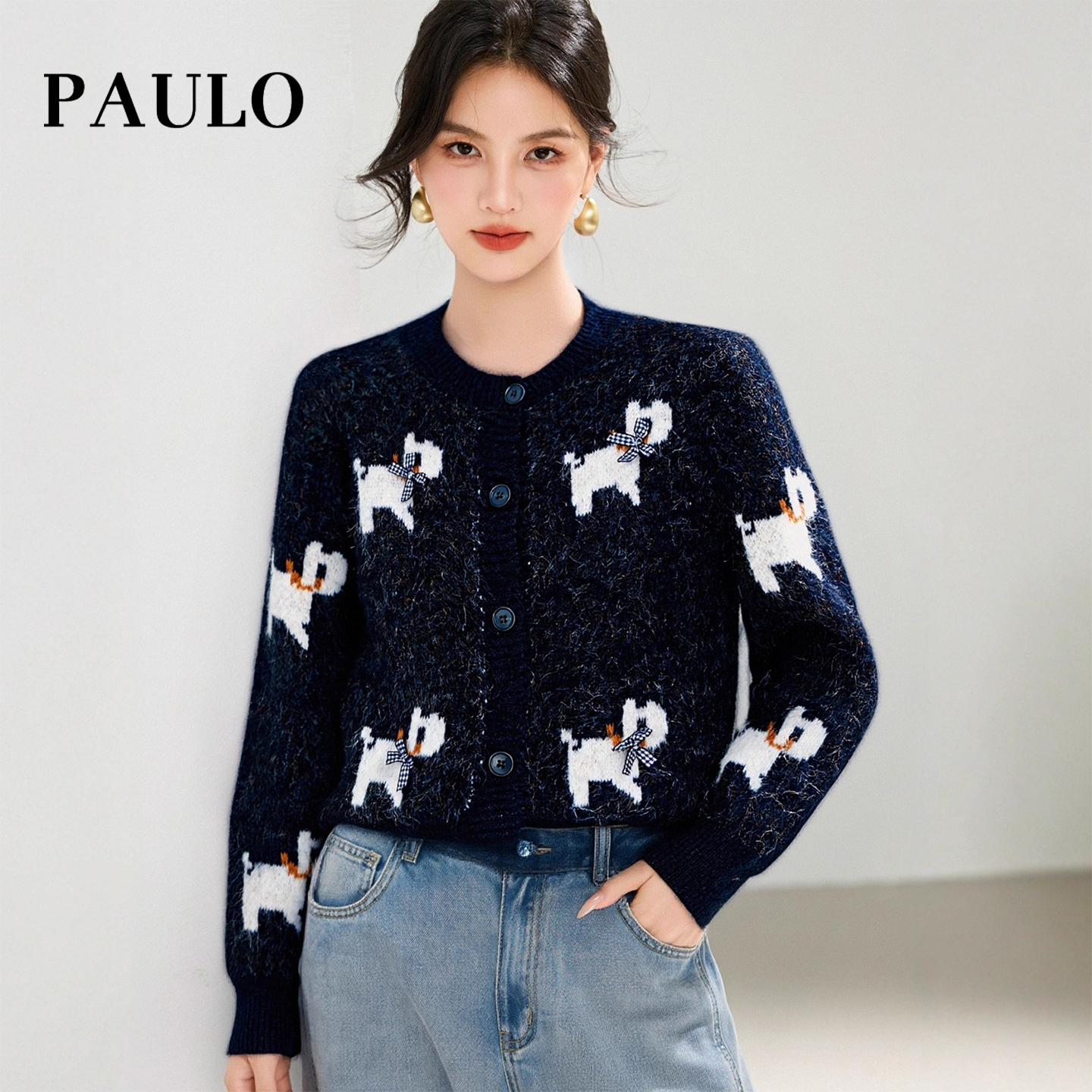 SRAVE PAULO 拉夫保罗女秋冬灰色卡通上衣厚实保暖内搭外套针织衫