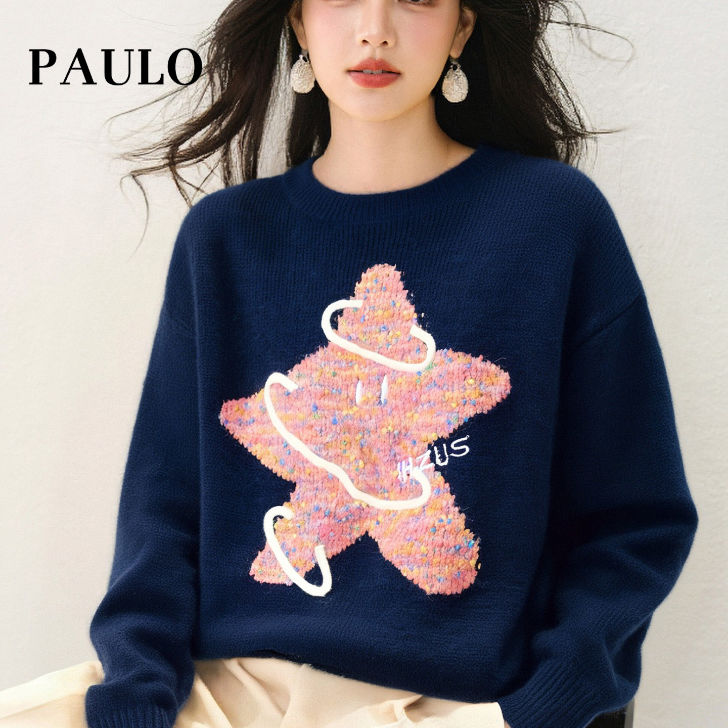 SRAVE PAULO 拉夫保罗立体手工勾花星星毛衣女宽松慵懒风秋冬上衣