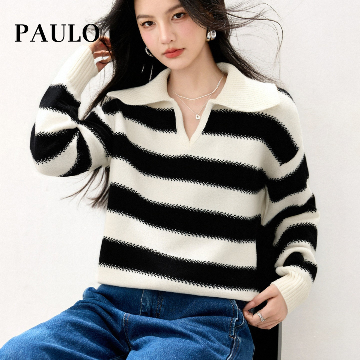 SRAVE PAULO 拉夫保罗气质学院翻领条纹毛衣女秋冬慵懒宽松针织衫