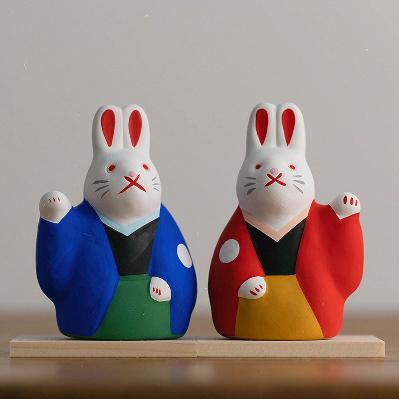 西米集市日本乡土玩具工房动物潮玩生肖兔和服陶摆件手工车载可爱