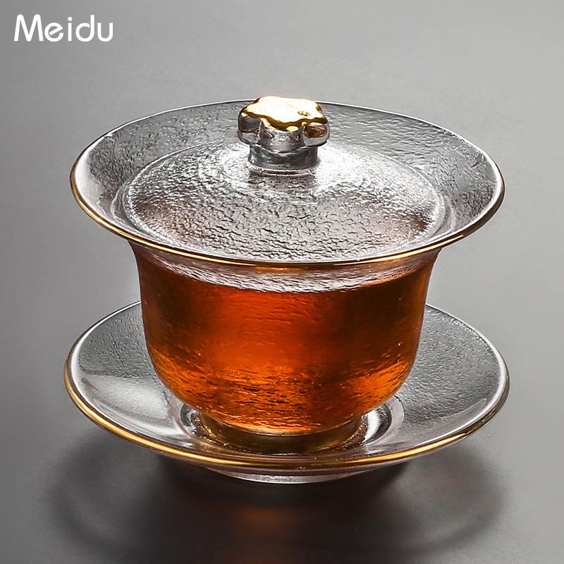 玻璃盖碗茶杯描金茶碗带盖敬茶沏茶神器功夫茶具单个办公室泡茶器