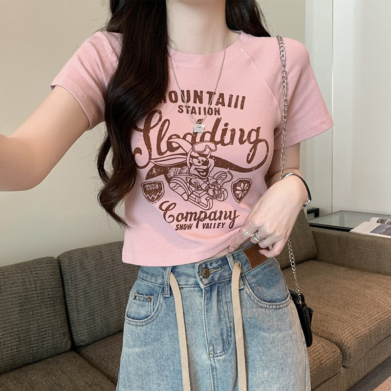 粉色T恤女短袖夏季新款卡通印花修身百搭插肩袖显瘦短款上衣