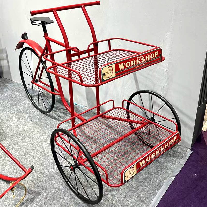 包邮促销 美式乡村风格复古做旧红色铁艺三轮自行车花车两层花架