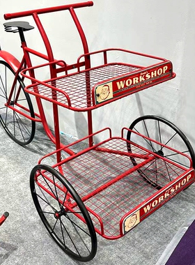 特价网红款美式复古做旧红色铁艺三轮自行车花车两层花架不能骑行