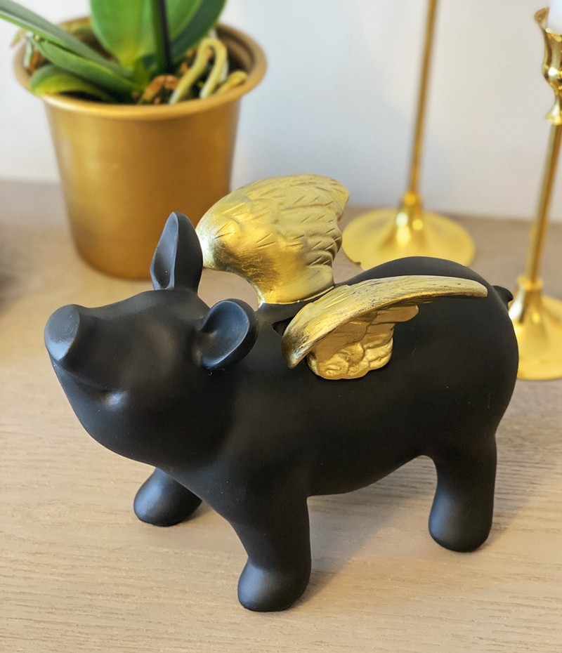 大牌原单黑色飞猪储钱罐可爱带金色翅膀的猪存钱罐储蓄罐礼物摆件