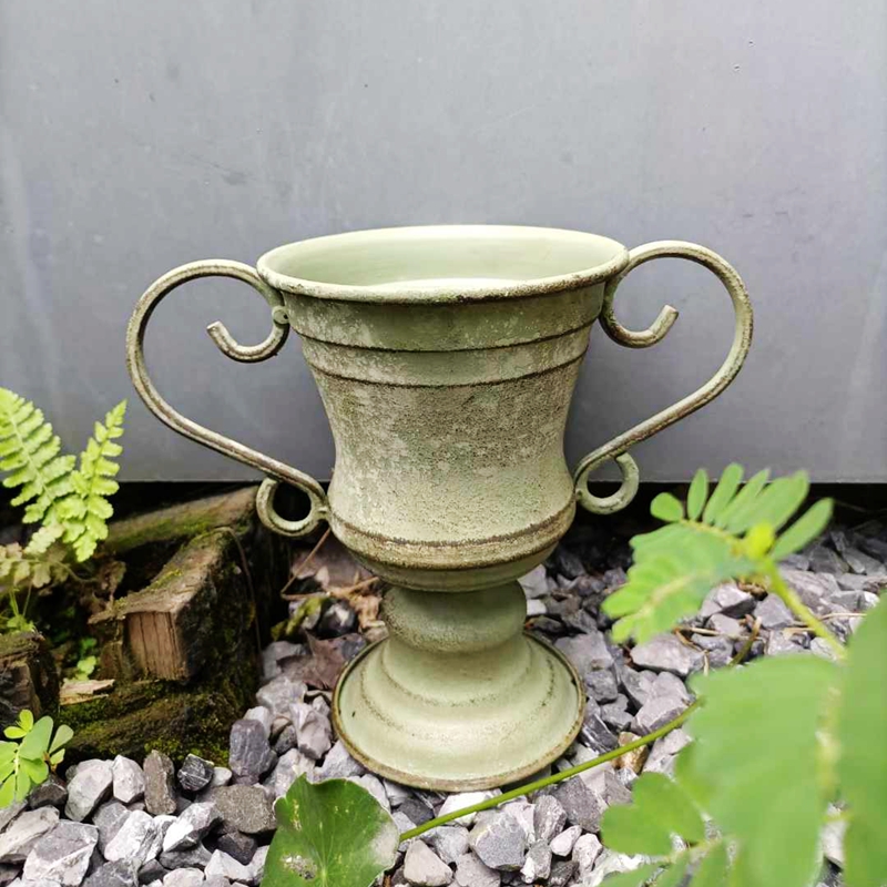 包邮促销 美式乡村风格复古做旧铁艺双耳圆口奖杯造型花盆 有底孔