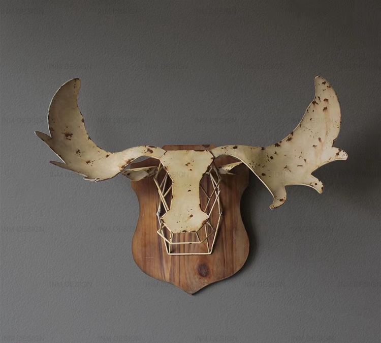 包邮促销美式乡村风格铁制鹿头牛头杉木板壁挂玄关餐厅客厅咖啡馆