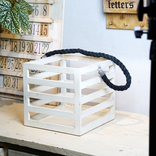 孤品包邮美式乡村风格复古镂空木条白色方形麻绳提篮框盆收纳花器