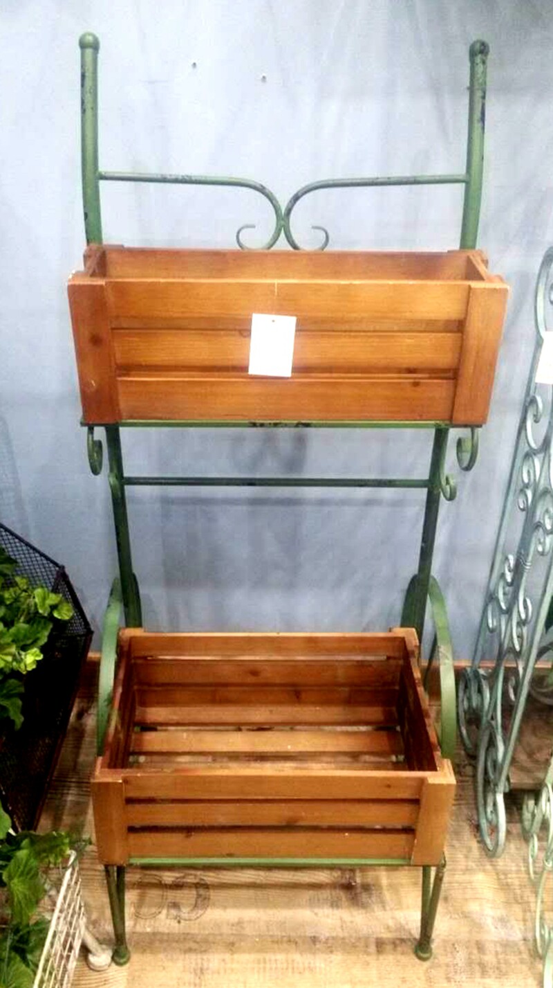 包邮促销 美式乡村风格铁艺实木做旧二层推车花架 花园园艺花车架