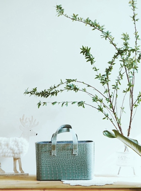 外贸出口原单 美式乡村风格复古皮革绿色收纳篮筐 特色布景道具