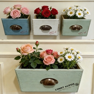 复古实木抽屉花盒庭院装 壁挂法式 饰木质桌面花盆园艺收纳盒 包邮