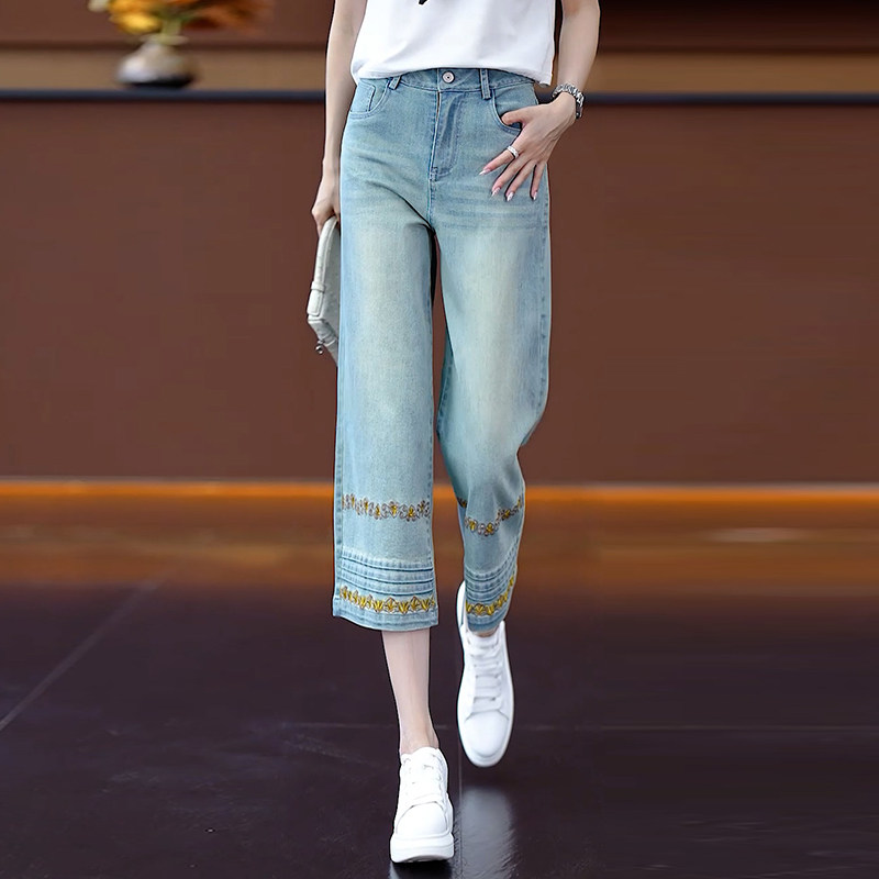 刺绣花边裤脚八分牛仔裤女2025年夏季薄小个子大码宽松直筒阔腿裤