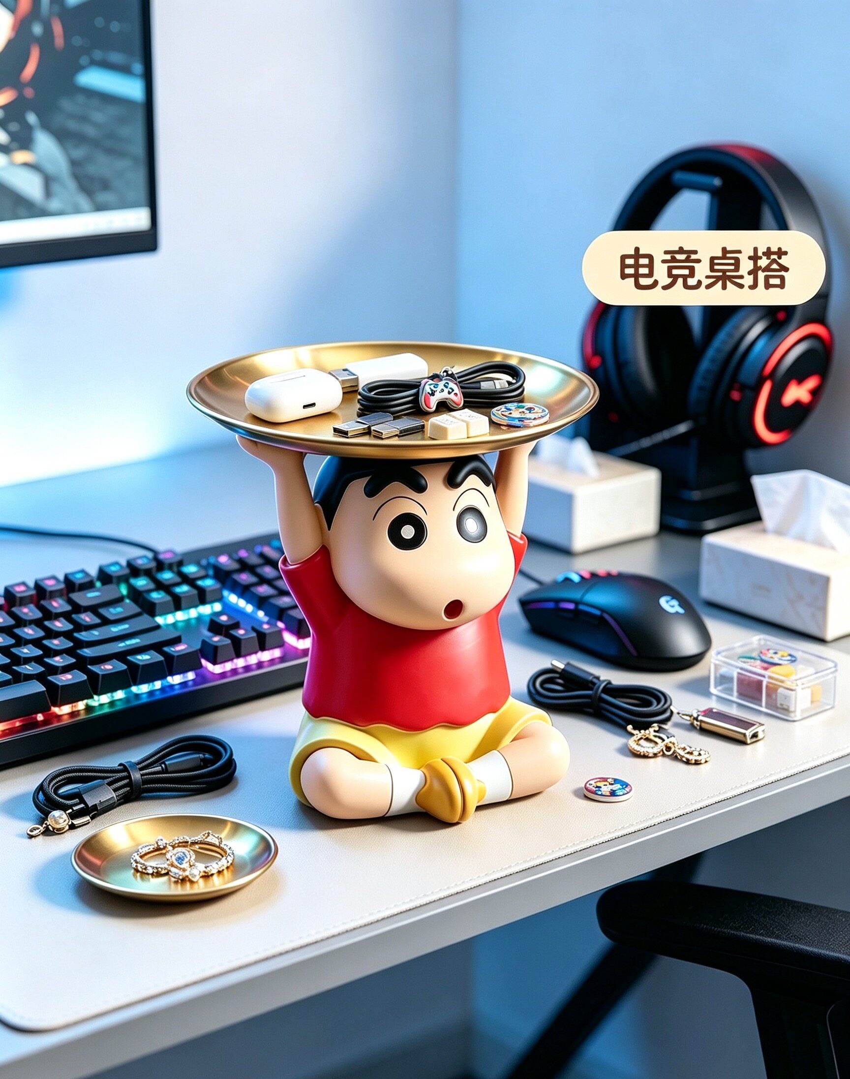 蜡笔小新创意桌面托盘摆件电竞房间电脑桌面装饰品摆件礼物男女生