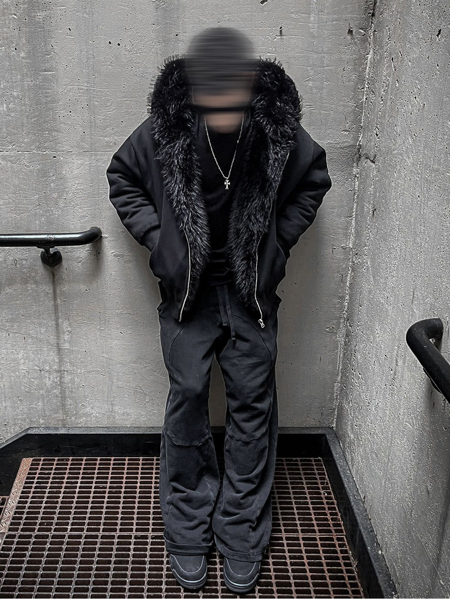 FROM THE STREETS 24 가을 겨울 황금 너구리 모피 안감 가역 짧은 와이드 BOXY 남성용 두꺼운 아메리칸 코튼 재킷