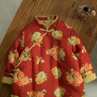 旗袍女童过年喜庆衣服复古中式中长款棉服冬季东北大花棉袄拜年服