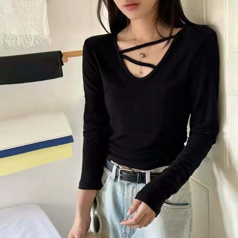 斜带褶皱长袖显瘦打底