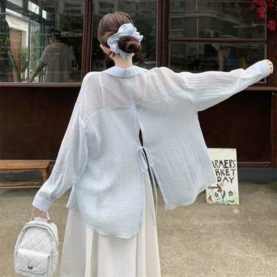 夏季竖纹烫金后背系带衬衫