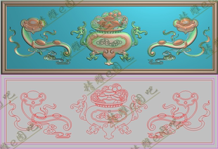 精雕图浮雕如意飘带祥云聚宝盆元 宝铜钱草龙横挡板背侧板452x154