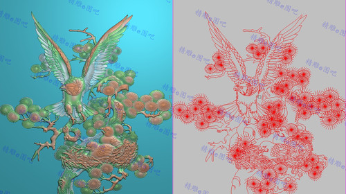 檀雕松树鹰精雕图灰度图鸟窝浮雕图老鹰呵护小鹰门板397x446背板