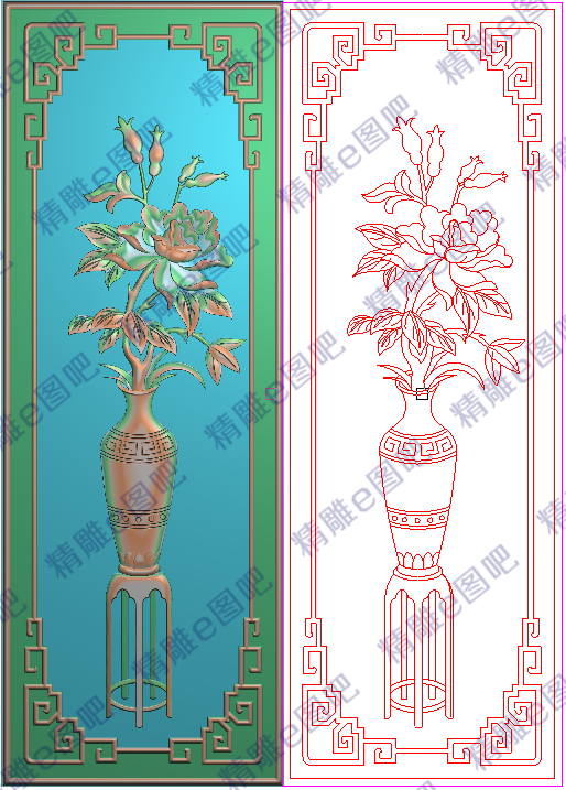 精雕图灰度图茶台博古架月季花牡丹花花瓶侧板门板150x420浮雕图