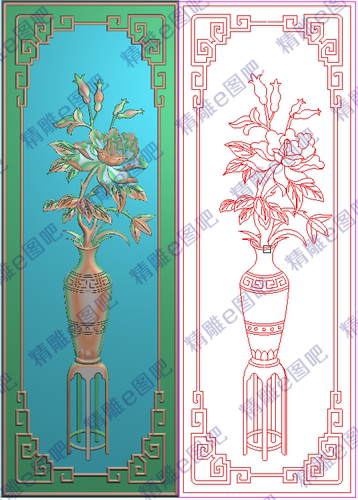 精雕图灰度图茶台博古架月季花牡丹花花瓶侧板门板150x420浮雕图