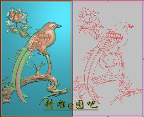 新款牡丹花鸟精雕图灰度浮雕图牡丹花凤凰椅背板边板门板207x341