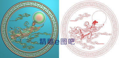 精雕图圆形工字回纹灰度图浮雕嫦娥奔月圆盘摆屏挂件面板490x490