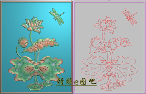 荷花蜻蜓背板精雕图灰度图浮雕图清荷飘香莲花门板边板竖281x360