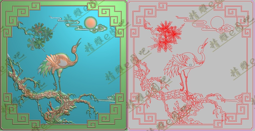 办公台侧边精雕图沙发靠背檀雕松鹤祥云太阳背板门板后板516x531