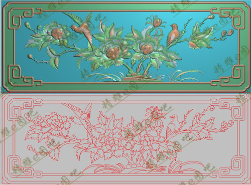 精雕图jdp灰度图bmp浮雕图花鸟大床中背板牡丹花雀鸟牡丹475x174