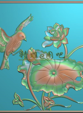 丝羽檀雕荷花背板花鸟精雕图灰度图浮雕图百灵鸟莲花门板425x310