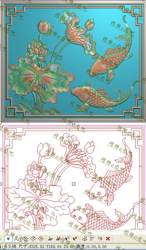 新博古线框荷花双鱼精雕图背板灰度浮雕莲花年年有余门板325x286