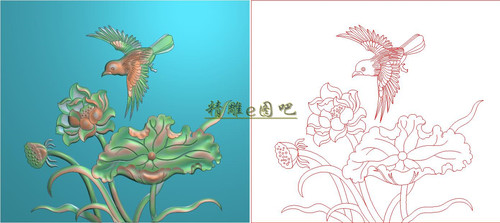 丝羽檀雕花鸟荷花精雕图灰度图浮雕图精品莲花背板2百灵鸟315x280