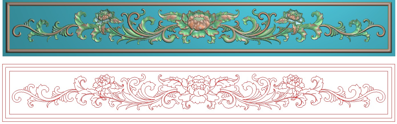 精雕图灰度图浮雕图雕刻图精品牙板牡丹洋花围板横板背下板598x88