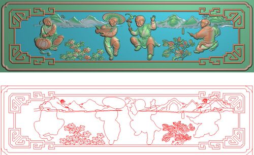 山水百子围板精雕图灰度图雕刻图精品童子元宝鞭炮抽斗横板358x99