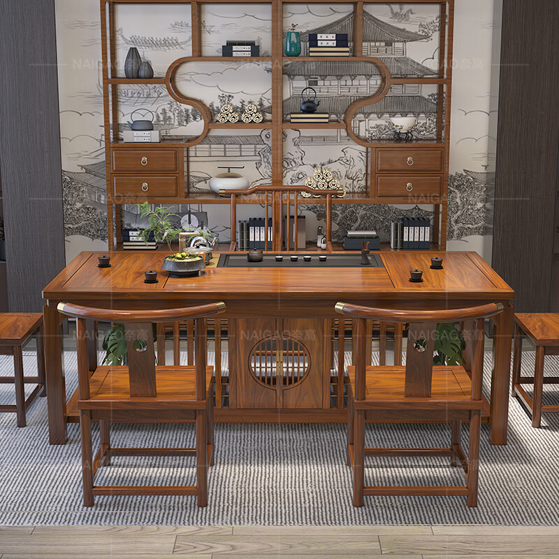 高鹏满座实木茶桌椅新中式茶台桌客厅阳台泡茶台花梨色