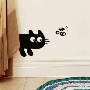 偷看搞怪小黑猫 客厅墙角橱柜玻璃门贴纸白墙遮污划痕装饰墙贴画
