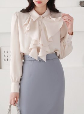 韩国直邮东大门代购正品2025秋冬 1roha 优雅气质荷叶领结衬衫