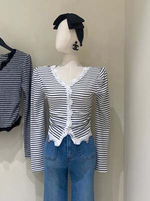 韩国直邮东大门正品代购2026春季 monopoly 洋气蕾丝边条纹开衫