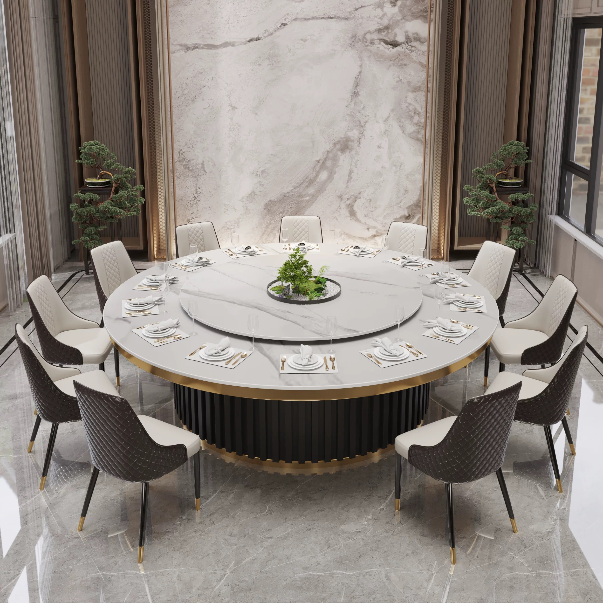 酒店电动餐桌大圆桌饭店宴会包厢岩板15人20人自动转盘火锅电磁炉