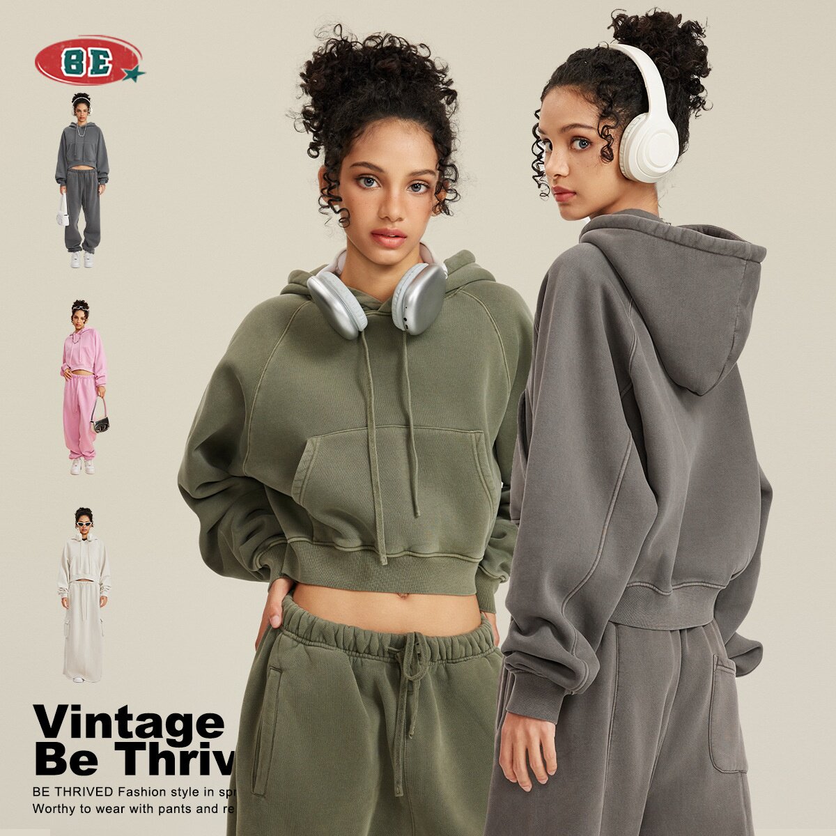 BE THRIVED女装美式休闲卫衣日常插肩复古水洗短款加绒连帽卫衣